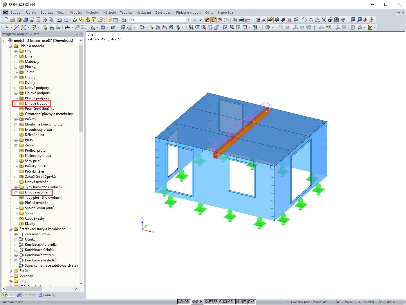 Zobrazení liniových kloubů a liniových uvolnění