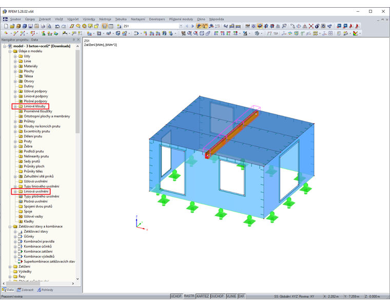 Zobrazení liniových kloubů a liniových uvolnění