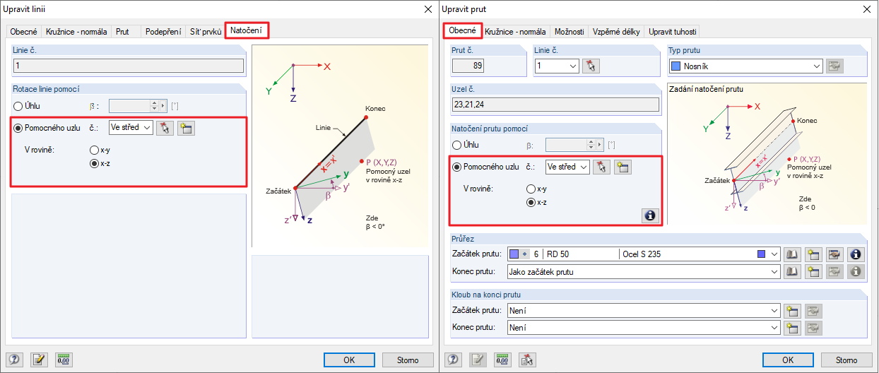 Natočení linie (vlevo) a natáčení prutu (vpravo)