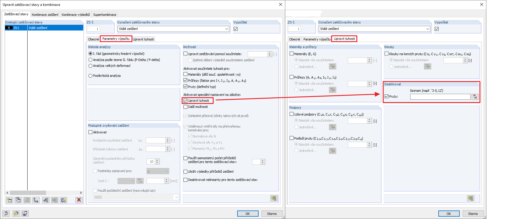 Deaktivace v programu RSTAB