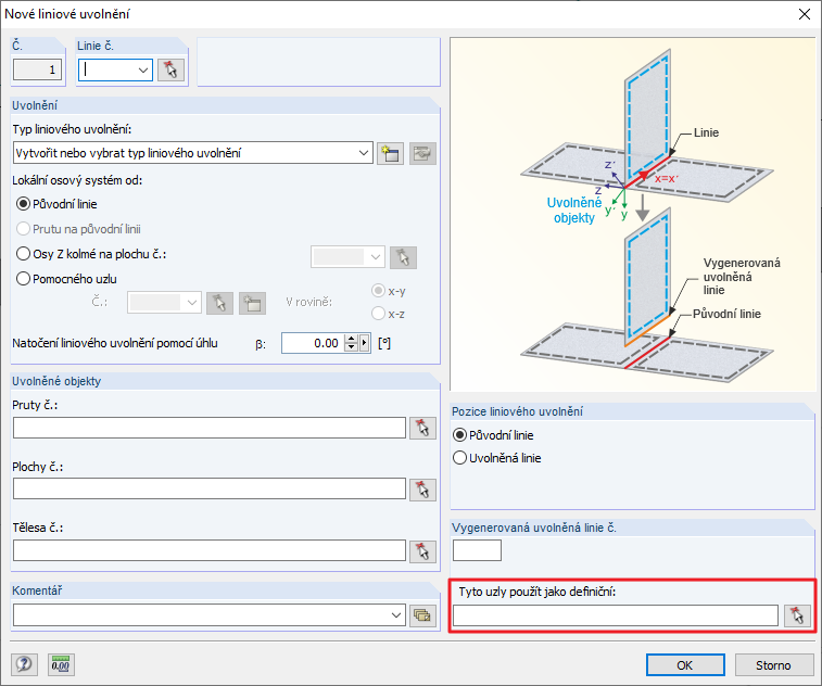 Dialog "Nové liniové uvolnění"