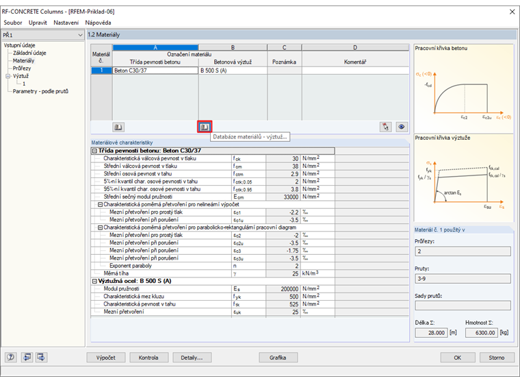 Otevření knihovny výztužné oceli v okně "1.2 Materiály"
