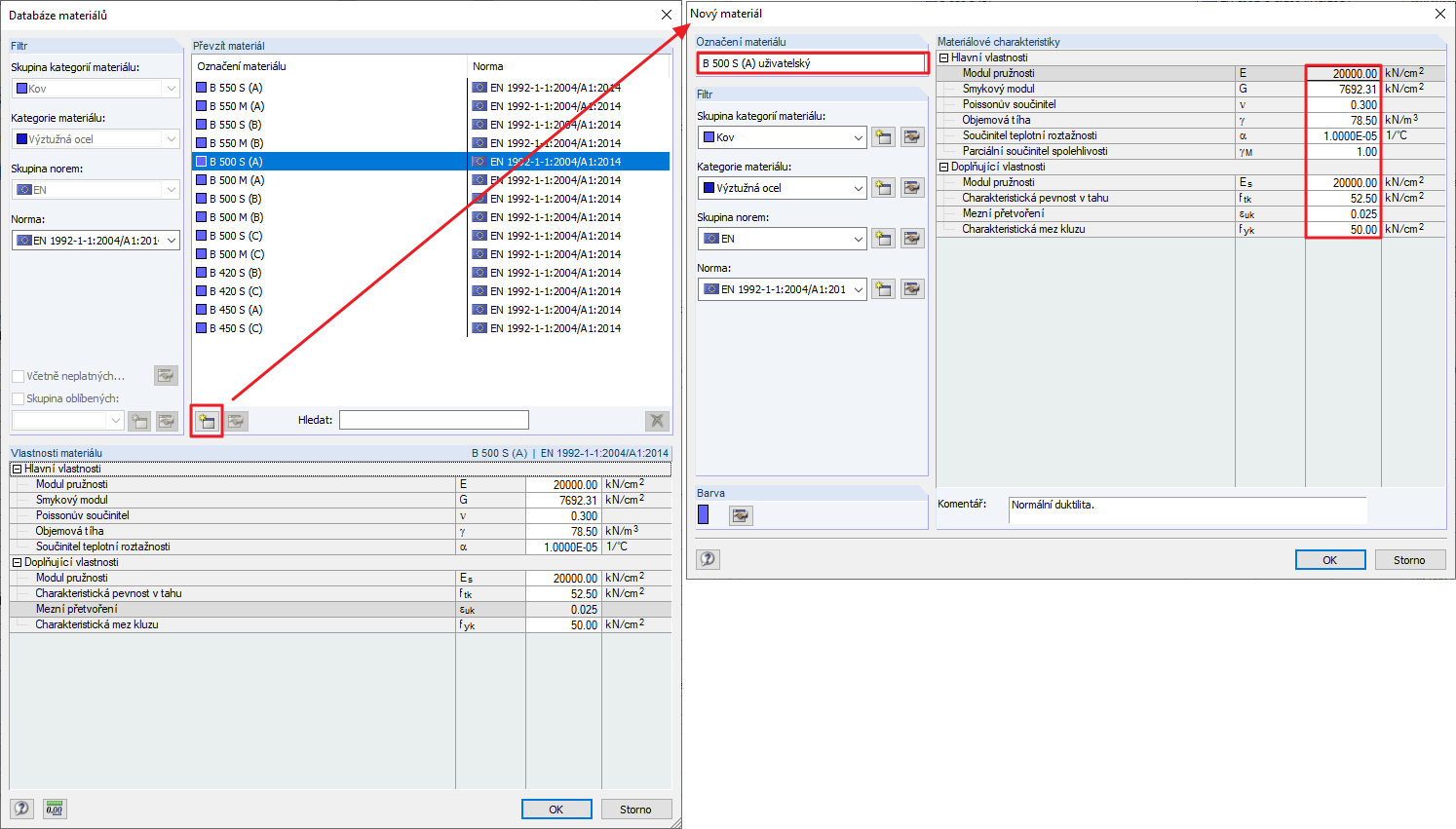 Vytvoření nového "uživatelsky definovaného" materiálu (výztužná ocel)