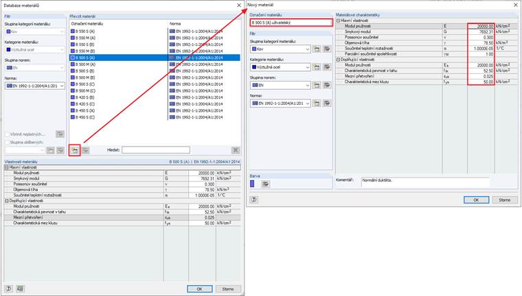 Vytvoření nového "uživatelsky definovaného" materiálu (výztužná ocel)