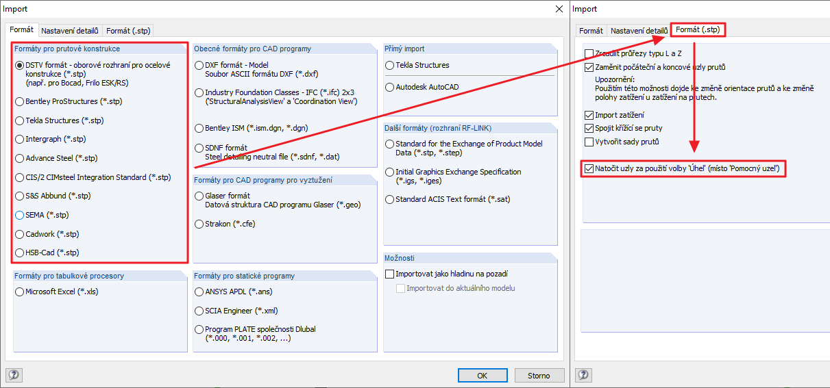 Nastavení detailů pro import DSTV