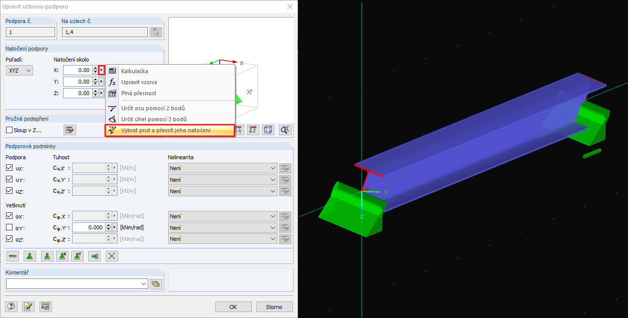 Použití natočení prutu ß pro natočení uzlových podpor