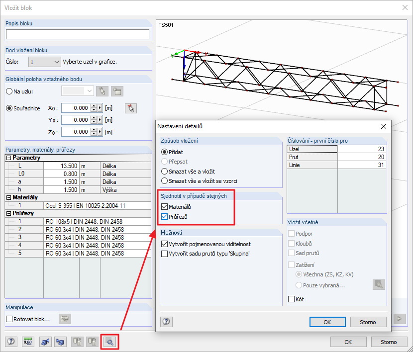 Nastavení detailů pro vložení bloku