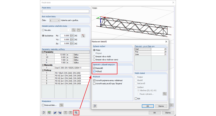 Nastavení detailů pro vložení bloku