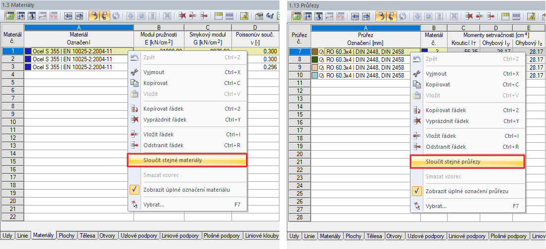 Možnosti "Sloučit stejné průřezy" a "Sloučit stejné materiály"