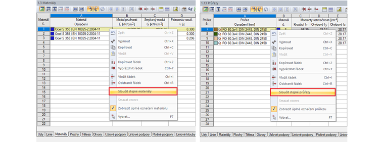 Možnosti "Sloučit stejné průřezy" a "Sloučit stejné materiály"