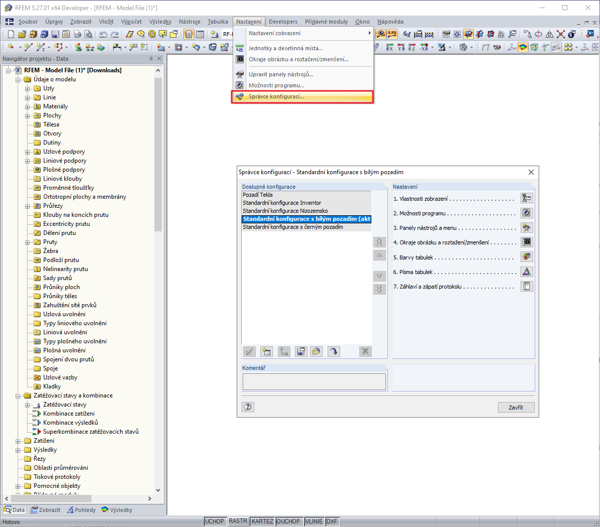 Otevření Správce konfigurací z nabídky "Nastavení"