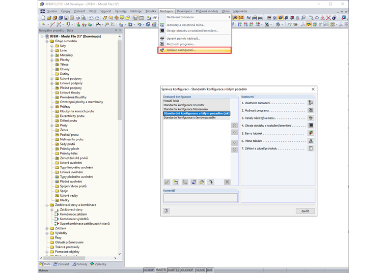 Otevření Správce konfigurací z nabídky "Nastavení"