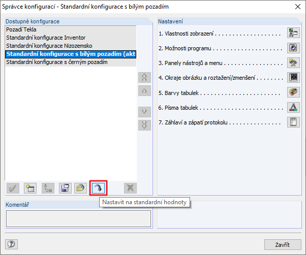 Nastavení vybrané konfigurace na standardní hodnoty