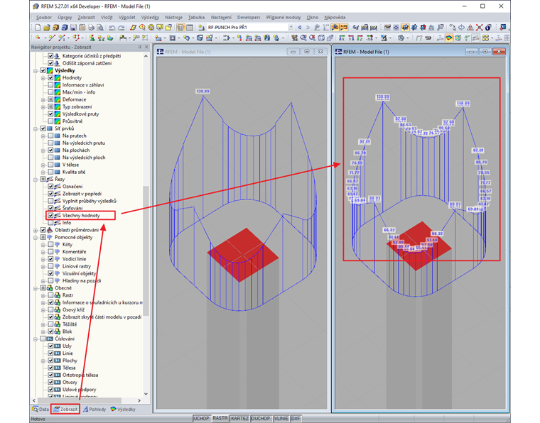 Výsledné hodnoty posouvající síly v základním kontrolovaném obvodu