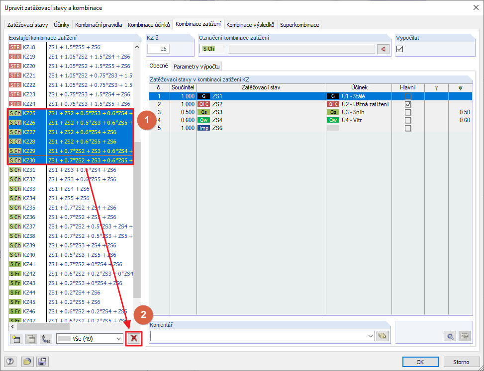 Úprava zatěžovacích stavů a kombinací: Výběr kombinací zatížení (1) a smazání (2)