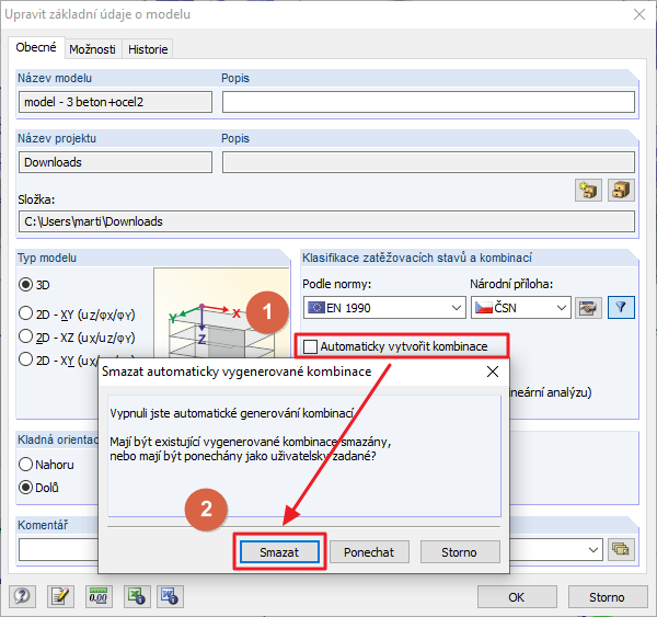 Upravit základní údaje modelu: Odškrtnout políčko "Automaticky vytvořit kombinace" (1) a smazat (2)