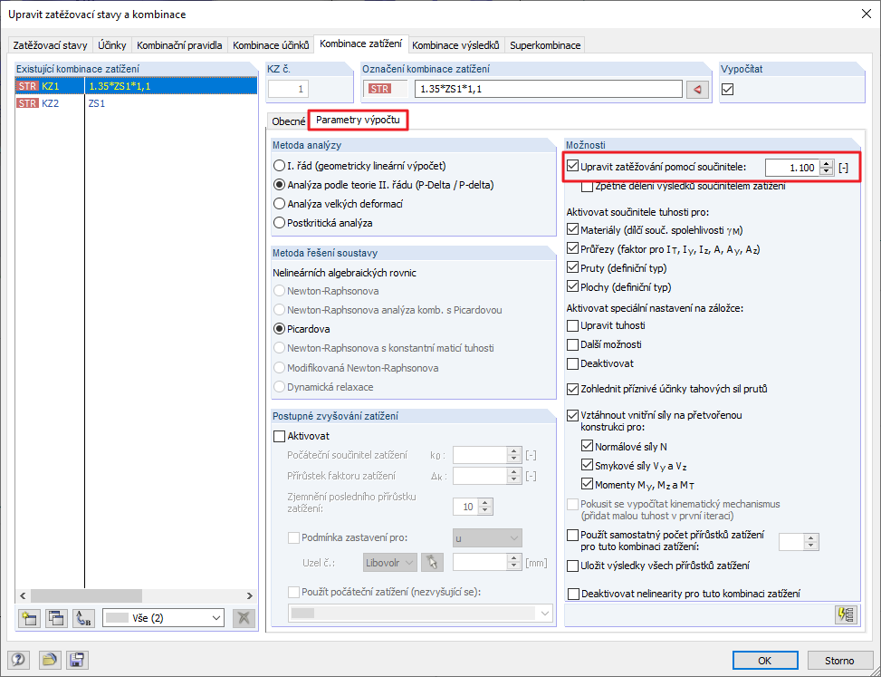Parametry výpočtu - vynásobit zatížení součinitelem