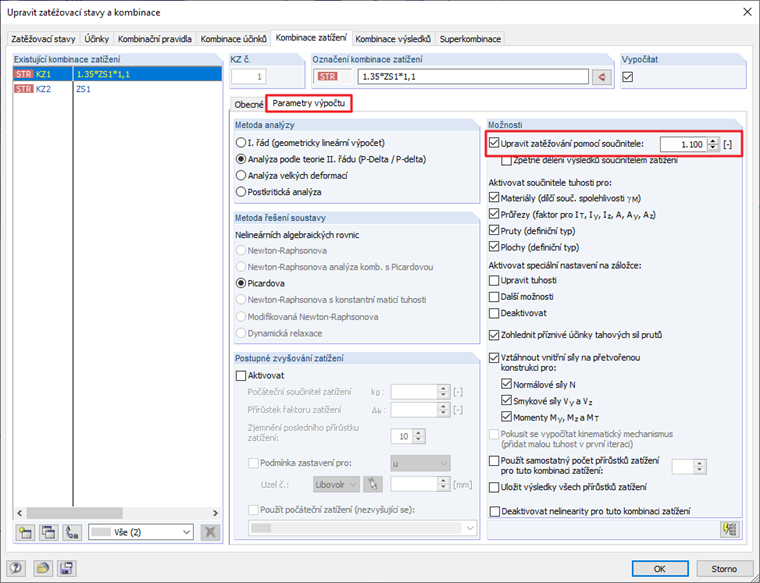 Parametry výpočtu - vynásobit zatížení součinitelem