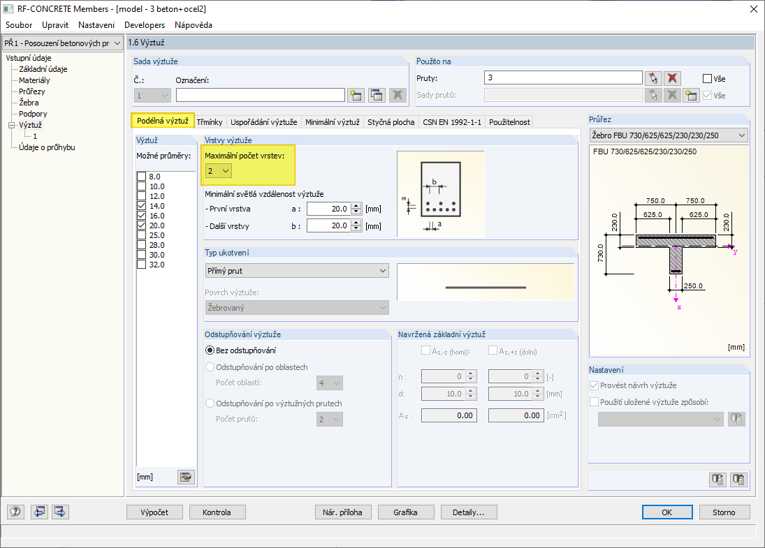 Nastavení pro vrstvy výztuže