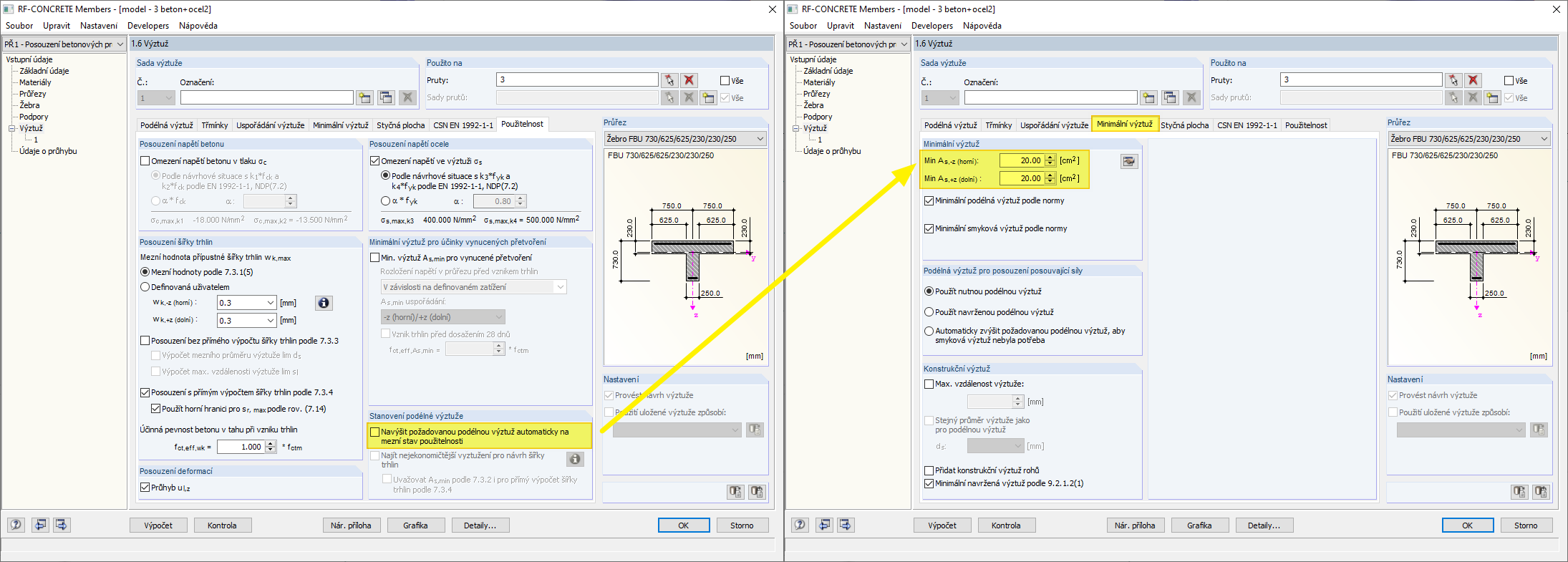 Deaktivace zvětšení podélné výztuže a aktivace minimální výztuže