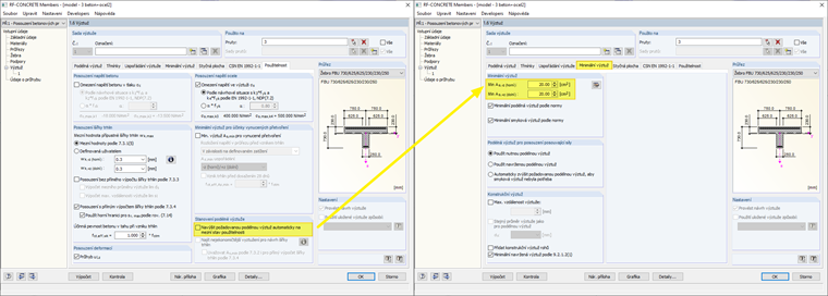 Deaktivace zvětšení podélné výztuže a aktivace minimální výztuže