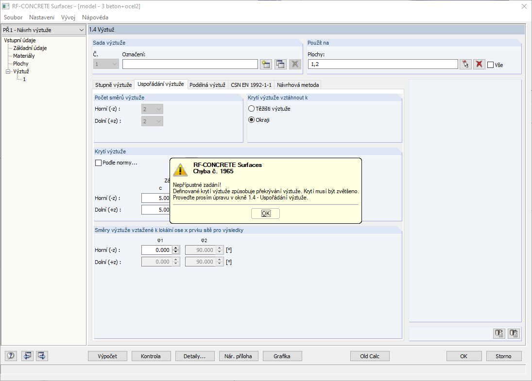 Chybová zpráva Krytí nevyhovujícího betonu
