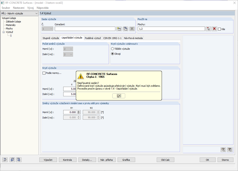 Chybová zpráva Krytí nevyhovujícího betonu