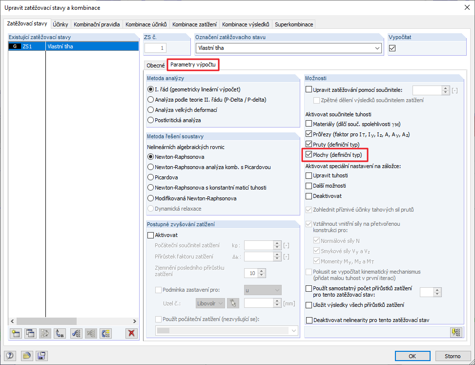 Aktivace součinitelů tuhosti v parametrech výpočtu zatěžovacího stavu