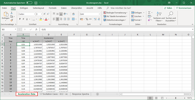 Údaje o zrychlení v Excelu