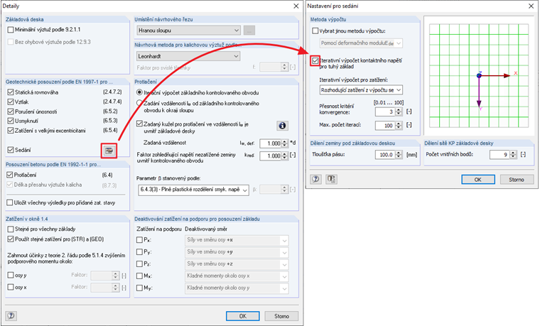 Nastavení detailů pro výpočet sedání