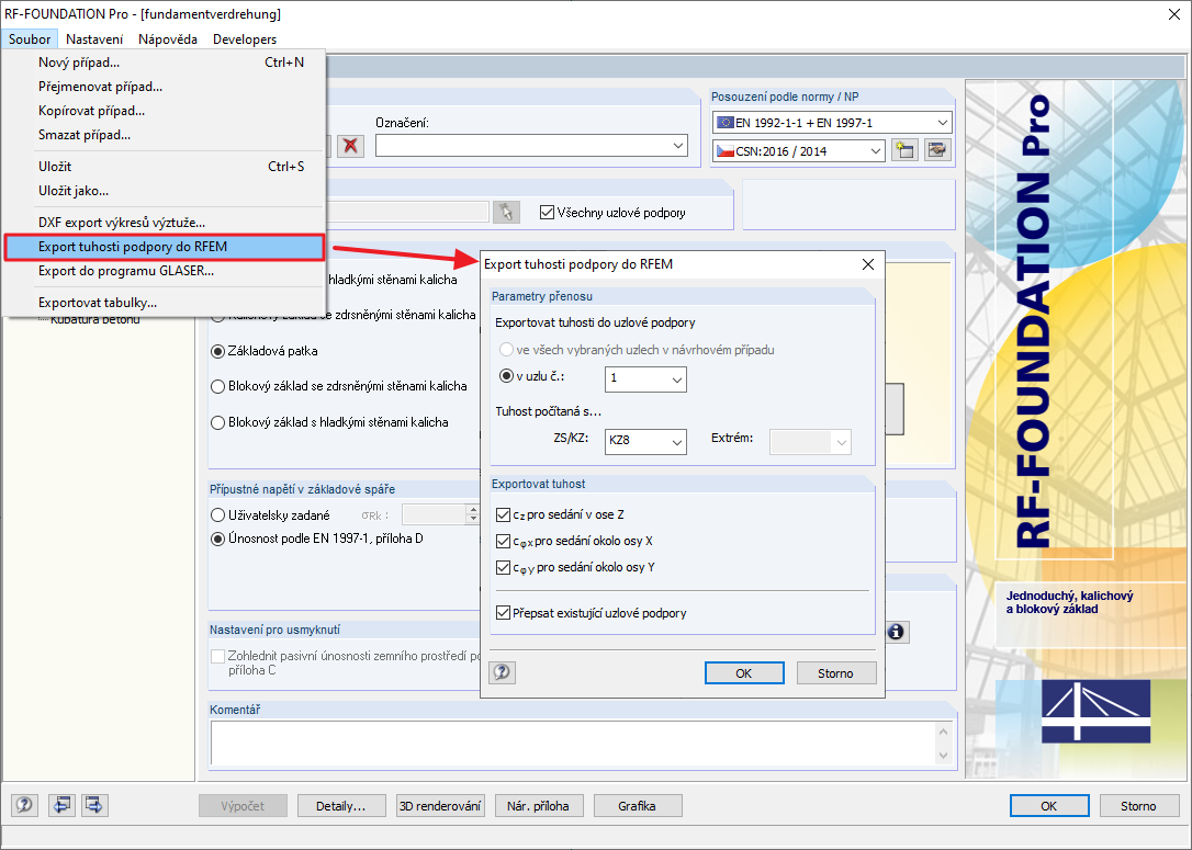 Příkaz exportovat konstanty tuhosti podpory