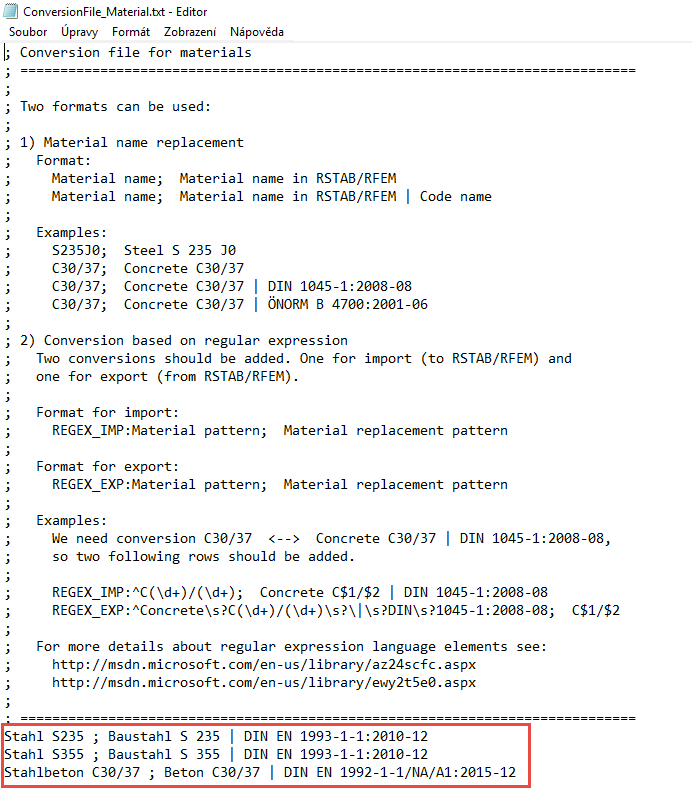 Konverzní tabulka otevřená v editoru