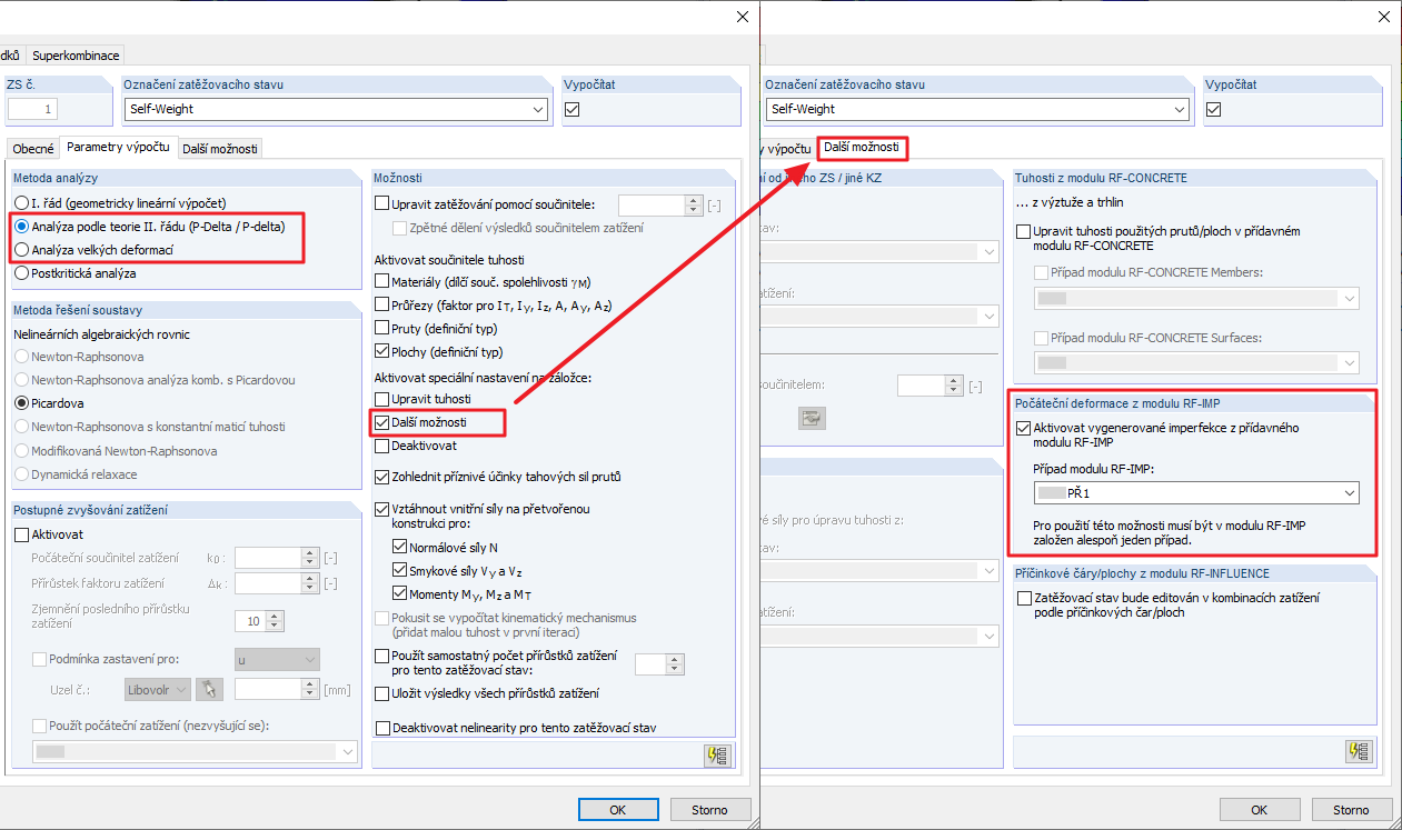 Nastavení v kombinacích zatížení