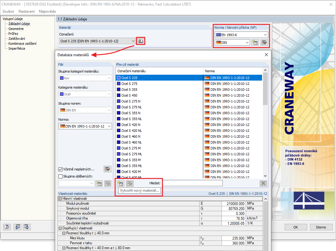 Možnost "Vytvořit nový materiál"