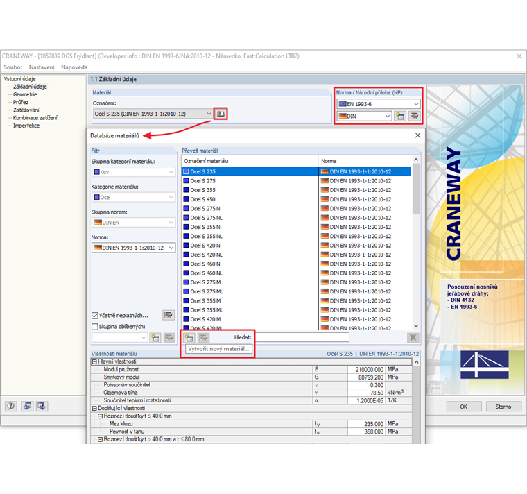 Možnost "Vytvořit nový materiál"