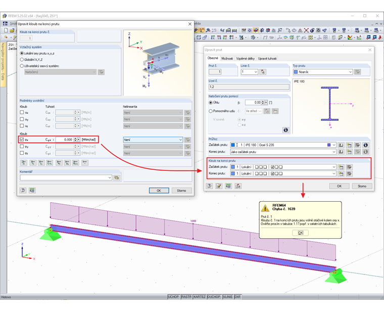 Zadání torzních kloubů na počátečním a koncovém uzlu
