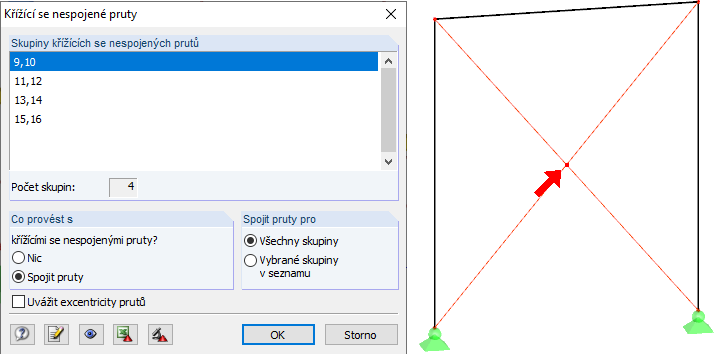 Výsledek kontroly modelu na křížící se pruty