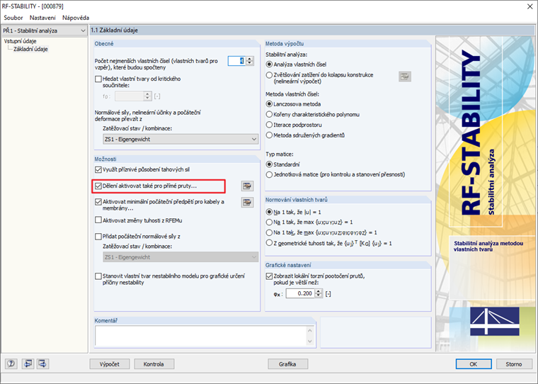 Aktivace dělení prutů v přídavném modulu RF-STABILITY