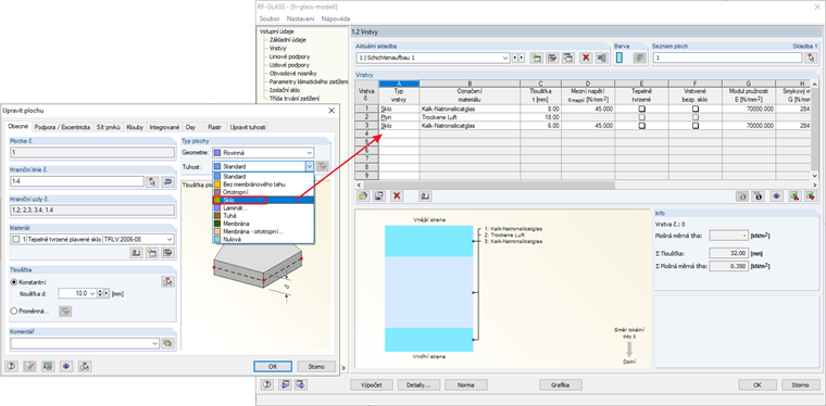 „Skleněný“ typ plochy v RFEMu a zadání skladeb v RF-GLASS