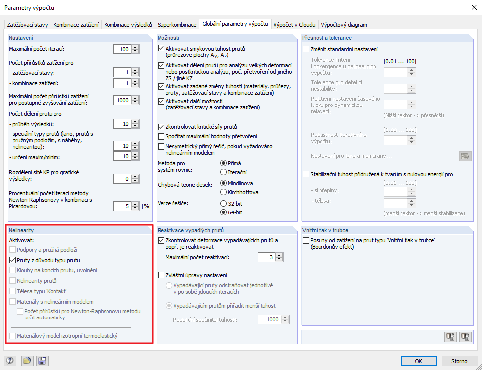 Parametry výpočtu s nelinearitami v zadané konstrukci