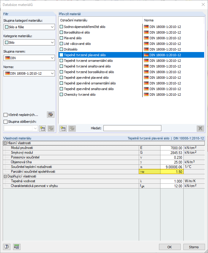 Dílčí součinitel spolehlivosti - databáze materiálů