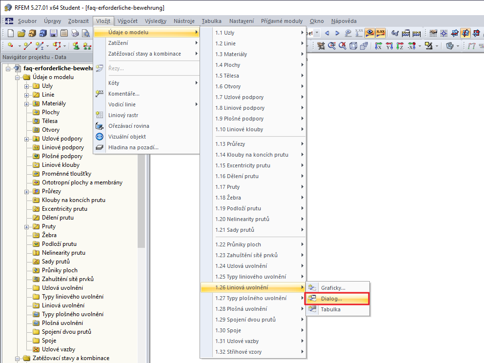 Otevření dialogu pro liniové uvolnění