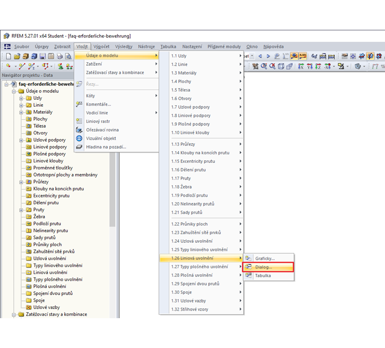 Otevření dialogu pro liniové uvolnění