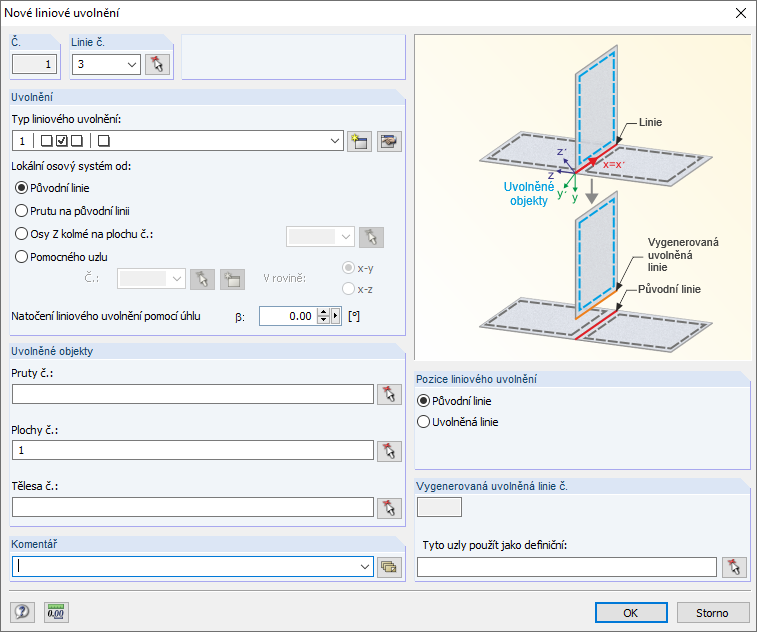Dialog Nové liniové uvolnění