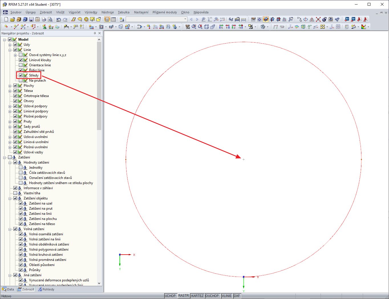 Navigátor projektu - Zobrazit: Model -> Linie -> Středové body