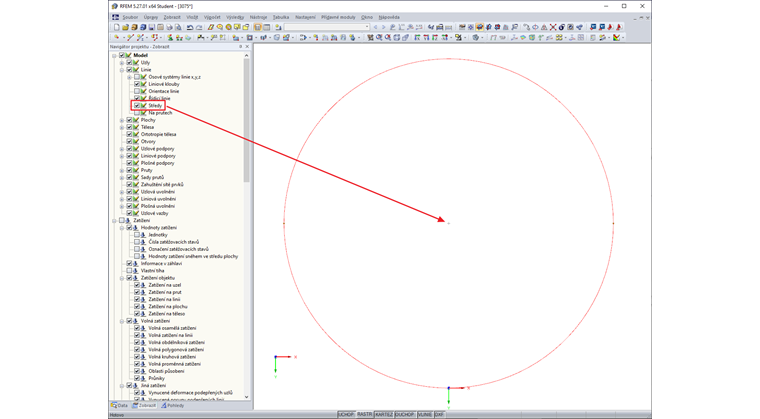 Navigátor projektu - Zobrazit: Model -> Linie -> Středové body
