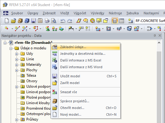 Otevření základních údajů prostřednictvím místní nabídky souboru