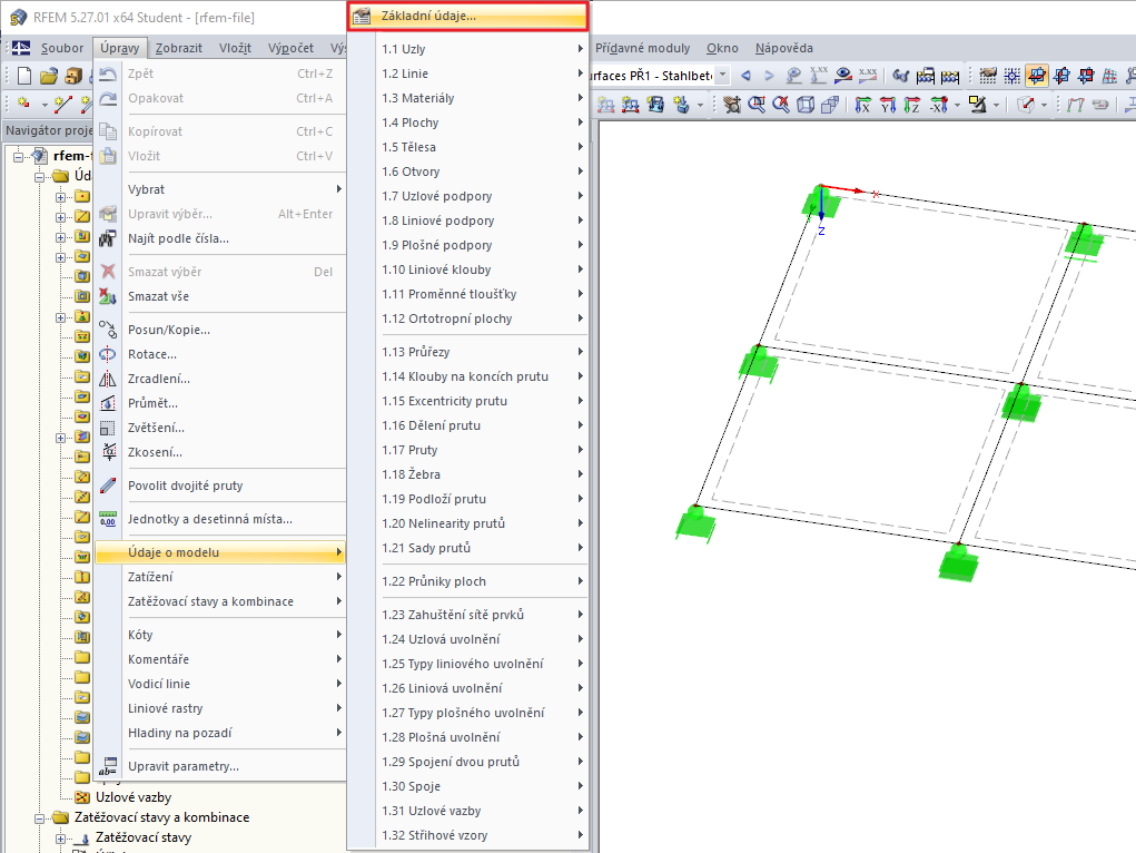 Otevření základních údajů z hlavní nabídky Úpravy
