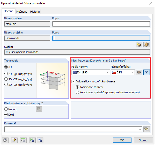 Dialog se základními údaji modelu