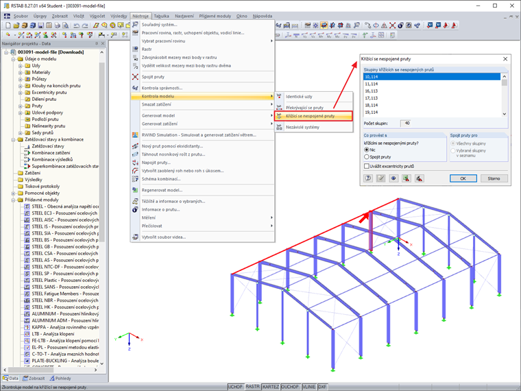 Kontrola modelu na křížící se nespojené pruty
